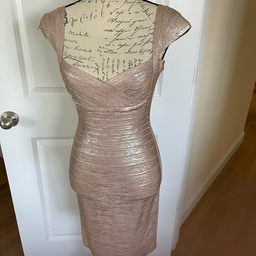 Herve Leger rose / silver cap sleeve bandage dress